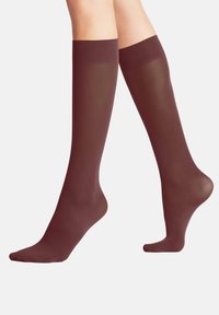 Bordeauxfarbene knielange Socken aus transparenter Material, mit glatter Oberfläche und einem soliden Bündchen oben für Komfort und Unterstützung.