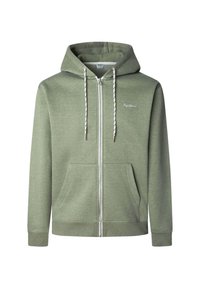 Sudadera con cremallera de color verde claro, con un bolsillo frontal, cordones blancos y un pequeño logo bordado en el lado izquierdo del pecho.
