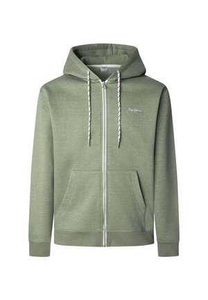 Hellgrüne Zip-Hoodie mit einer Fronttasche, weißen Kordeln und einem kleinen gestickten Logo auf der linken Brust.