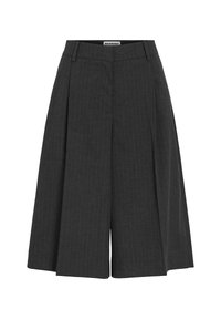 Pelēkas pinstrīpu culottes ar platu kāju dizainu, ar pieguļošu vidukļa daļu un priekšējiem krokām, izgatavotas no teksturētas auduma.