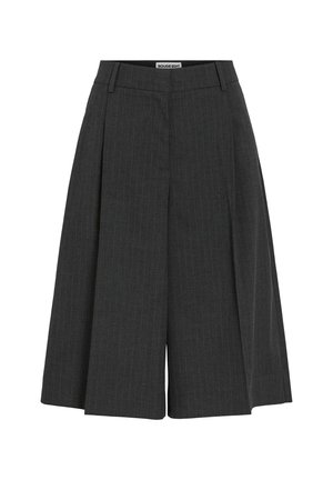 Culottes a rayas grises con un diseño de pierna ancha, que cuentan con una cinturilla ajustada y pliegues frontales, fabricadas con una tela texturizada.