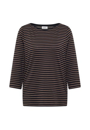 T-shirt rayé présentant des rayures horizontales noires et brunes, un col rond et des manches trois-quarts, fabriqué en tissu doux.