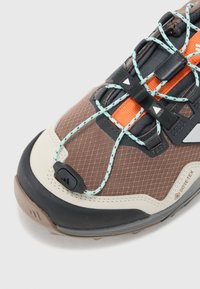 Brune og brune fotturf med mesh-overdel, oransje detaljer, lyseblå snøringer og en teksturert gummisåle. Har Gore-Tex merke.