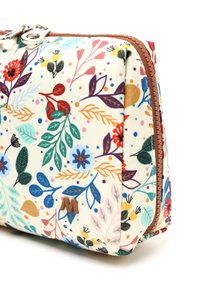 Kozmetická taštička s kvetinovým vzorom vyrobená zo syntetického materiálu, s multicolor listami a kvetmi na krémovom pozadí, so hnedým zipsom.