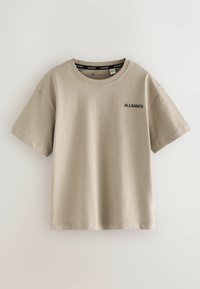 Bežinis medvilninis marškinėliai su apvalia iškirpte ir trumpomis rankovėmis. Priekyje yra mažas juodas "ALLSAINTS" logotipas. Paprastas dizainas.