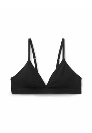 Zwarte, driehoekige bralette met verstelbare dunne bandjes, zachte stof, naadloze randen en een brede onderband voor ondersteuning. Geen zichtbare hardware.
