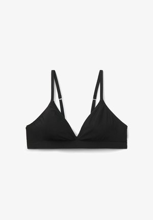 Zwarte, driehoekige bralette met verstelbare dunne bandjes, zachte stof, naadloze randen en een brede onderband voor ondersteuning. Geen zichtbare hardware.
