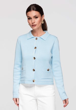 Kobieta ubrana w jasnoniebieski sweter rozpinany na guziki z przednimi kieszeniami, w połączeniu z białymi spodniami, stojąca na tle gładkiego, jasnoszarego tła.