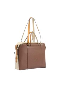 Bruine leren tote bag met crèmekleurige accenten, voorzien van dubbele schouderbanden, ritssluiting en een voorvak met logodetail.