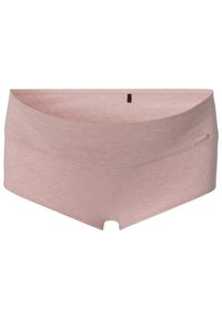 Ljusrosa korta underkläder i slät tyg, med en sömlös design och en liten svart etikett vid midjan.
