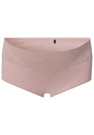 Lys rosa kort stil undertøj lavet af glat stof, med et sømløst design og et lille sort mærke i taljen.