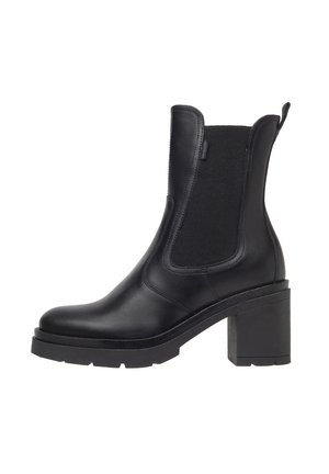 Stivale alla caviglia in pelle nera con pannelli elasticizzati ai lati, punta rotonda, tacco grosso e suola testurizzata. Design minimalista con cuciture rinforzate.