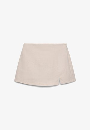 Beiger Minirock mit geradem Saum und kleinem Schlitz auf der vorderen rechten Seite, aus leichtem Stoff gefertigt.