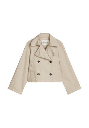 Beige cropped double-breasted jas met vier zwarte knopen, brede kraag, lange mouwen en zijzakken met een split.