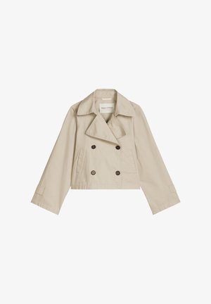 Beige cropped double-breasted jas met vier zwarte knopen, brede kraag, lange mouwen en zijzakken met een split.