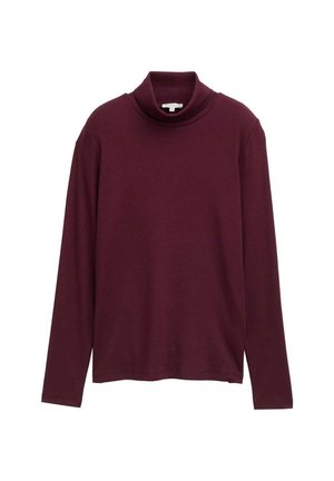 Langærmet, mørkelilla turtleneck sweater med en afslappet pasform, præsenteret på en enkel hvid baggrund.
