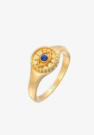 Złocona obrączka z okrągłym, teksturowanym oczkiem z wbudowanym niebieskim opalem, gładką obręczą i misternymi detalami.