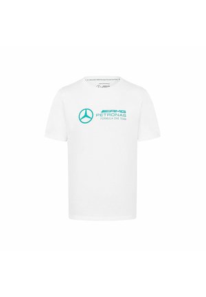 Biała bawełniana koszulka z turkusowym logo i grafiką zespołu Formuły 1 AMG Petronas. Klasyczny krój z okrągłym dekoltem i krótkimi rękawami.