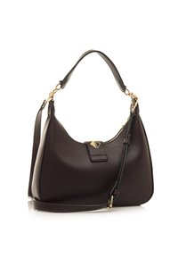 Braune Leder-Handtasche mit runder Form, goldfarbenen Hardware-Akzenten und einem abnehmbaren Schultergurt. Verfügt über einen Reißverschlussverschluss und eine Klappe.