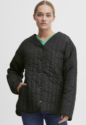 Black quilted jacket featuring a V-neck, seven buttons, two side pockets, and elbow-length sleeves. The fabric has a smooth, textured finish.