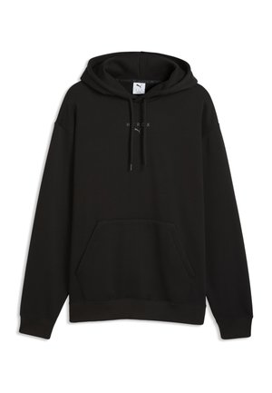 Schwarzes Kapuzen-Sweatshirt mit Kängurutasche vorne, Kordelzügen und kleinem PUMA-Logo über dem Wort "HIROX" auf der Brust.