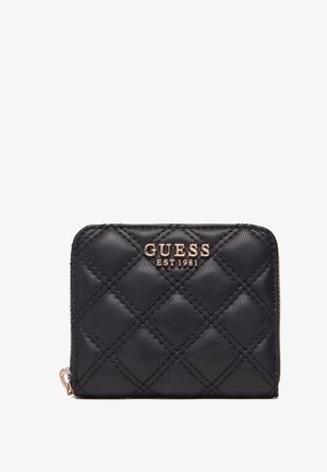 Portafoglio nero trapuntato realizzato in pelle testurizzata. Presenta un logo dorato e una chiusura con zip. Forma rettangolare con motivo a rombi cucito.