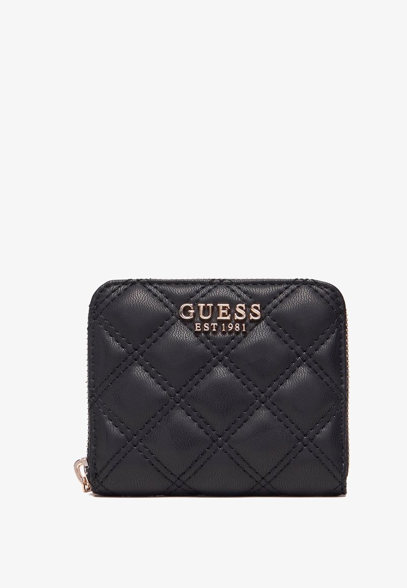 Portafoglio nero trapuntato realizzato in pelle testurizzata. Presenta un logo dorato e una chiusura con zip. Forma rettangolare con motivo a rombi cucito.