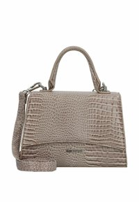 Bolso en color beige con textura de cocodrilo, de forma estructurada, con asas dobles y correa desmontable. Presenta un cierre superior con solapa.