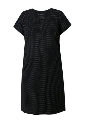 Sort kortærmet natkjole med små hvide prikker og en kort knaplukning ved den runde halsudskæring.