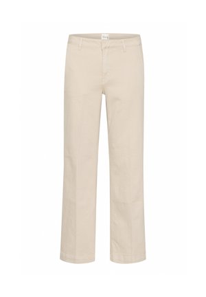 Beige trousers made of cotton with a straight-leg design, featuring two front pockets and a smooth texture.