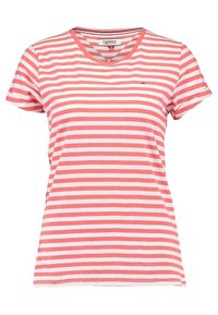 Camiseta de rayas con escote en V en rosa claro y blanco, hecha de algodón suave. Mangas cortas con un pequeño logo en el lado izquierdo del pecho.