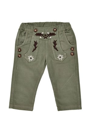 Grüne Kleinkinderhose mit Blumenstickerei, dekorativen Knöpfen an den Taschen und einem elastischen Bund.