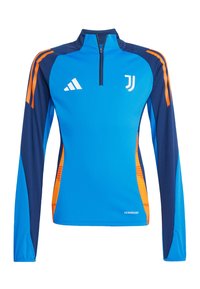 Haut de sport à manches longues en bleu et marine avec des accents orange. Il présente un col zippé à mi-hauteur, des panneaux latéraux texturés et un branding Aeroready.