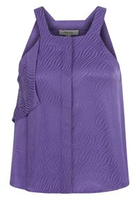 Lila ärmlös topp med en texturerad, vågmönster. Har en avslappnad passform och en central söm. Tillverkad av lättviktsmaterial.