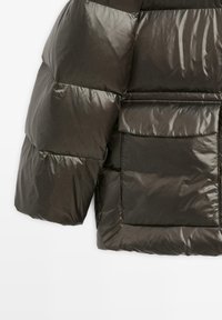 Dark brown shiny puffer jacket sleeve and bottom with large square pocket and flap on a white background.