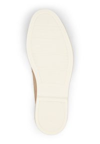 Semelle de chaussure en caoutchouc crème avec une texture antidérapante. Présente un bord lisse avec une légère courbe, marqué du logo de la marque et des détails de taille.