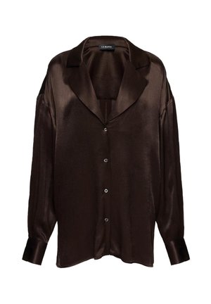 Bluză satinată maro închis cu mâneci lungi, guler cu decupaj, nasturi frontali și manșete, de la La Mania.