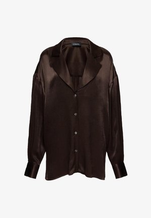 Tamsiai ruda matinė ilgomis rankovėmis palaidinė su atverčiamu apykakliu, užsegama priekyje mygtukais ir rankogaliais, pagaminta La Mania.