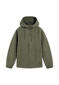 Jachetă verde măslinie cu glugă, având un fermoar frontal, buzunare laterale și manșete elastice. Fabricată dintr-un material durabil cu o textură netedă.