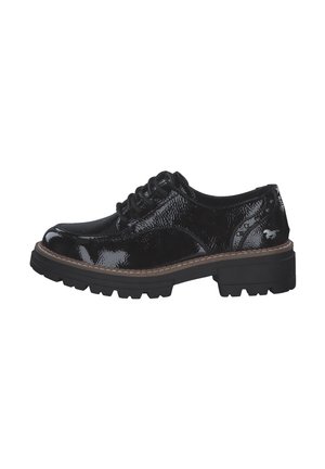 Schwarzer Lackleder-Schnürschuh mit einer klobigen Sohle, strukturiertem Obermaterial, runder Spitze und dekorativer Stickerei entlang der Seiten.