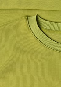 Gros plan d’un vêtement vert à col rond montrant un col côtelé et une texture de tissu lisse.