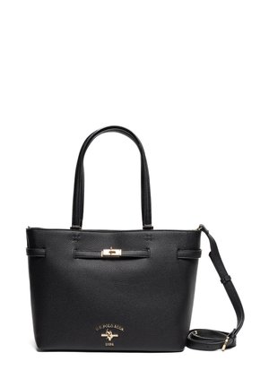 Zwarte leren handtas met twee bovenhandvaten, gouden hardware en een afneembare schouderband. Voorzien van een gebosseerd logo aan de voorkant.