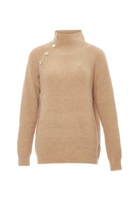 Pulover bej cu dungi, cu guler înalt, având un închidere laterală cu nasturi, realizat dintr-un material tricotat texturat. Mâneci lungi și croi lejer.