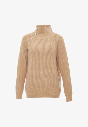 Beige ribbet sweater med høj hals, med knaplukning i siden, lavet af et struktureret strikmateriale. Lange ærmer og afslappet pasform.