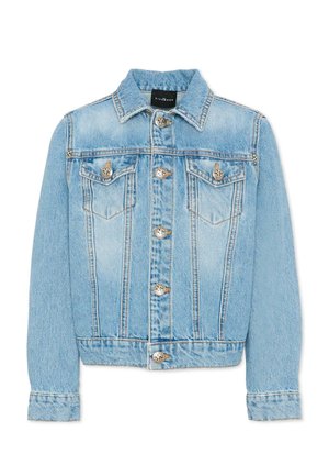 Lichtblauwe spijkerjassen met knoopsluiting aan de voorkant, twee borstflapzakken met knopen en een klassieke kraag.