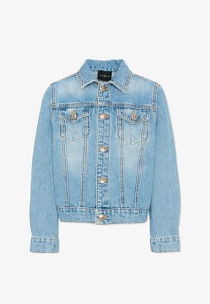 Lichtblauwe spijkerjassen met knoopsluiting aan de voorkant, twee borstflapzakken met knopen en een klassieke kraag.