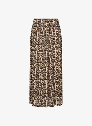 Leopardenmuster Midi-Rock mit elastischem Taillenbund, aus einem weichen, leichten Stoff und mit Falten-Design in Beige- und Brauntönen.
