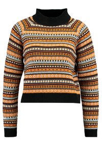 Neulepaita, jossa on korkea musta kaulus, oranssi ja musta geometrinen kuvio, lyhennetty pituus sekä ribbireunat hihoissa ja helmassa.
