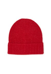 Berretto di lana rossa lavorato a maglia con una texture a coste e un risvolto alla base. Realizzato in materiale morbido, progettato per calore e comfort.
