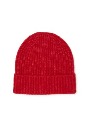 Bonnet tricoté rouge avec une texture côtelée et un revers au bas. Fabriqué en matériau doux, conçu pour la chaleur et le confort.